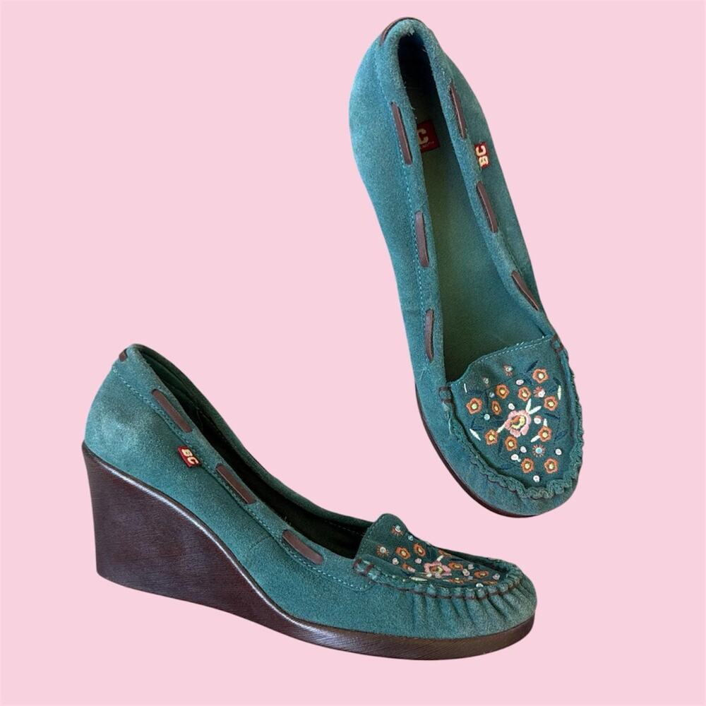 BC Footwear teal suede wedge loafers with embroidered and beaded floral design